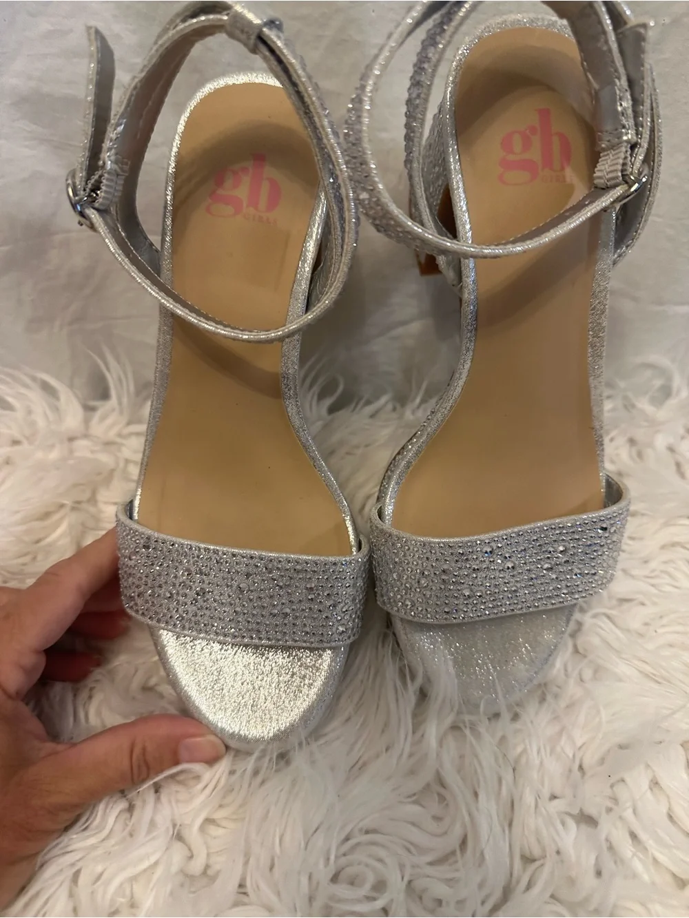 GB Girls Silver Rhinestone Platform Block Heel Sandals Girls Size 2